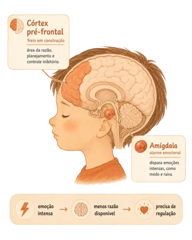 Ilustração do cérebro infantil explicando o córtex pré-frontal, a amígdala e a necessidade de regulação emocional