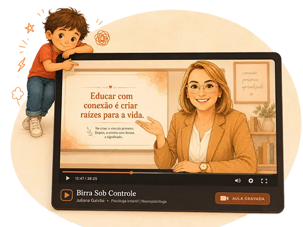 Juliana Galvão em avatar apresentando a aula Birra Sob Controle, com uma criança ilustrada ao lado da tela