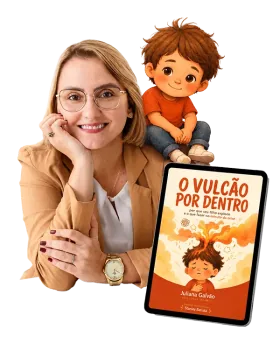 Juliana Galvão ao lado de uma ilustração infantil e do e-book O Vulcão Por Dentro