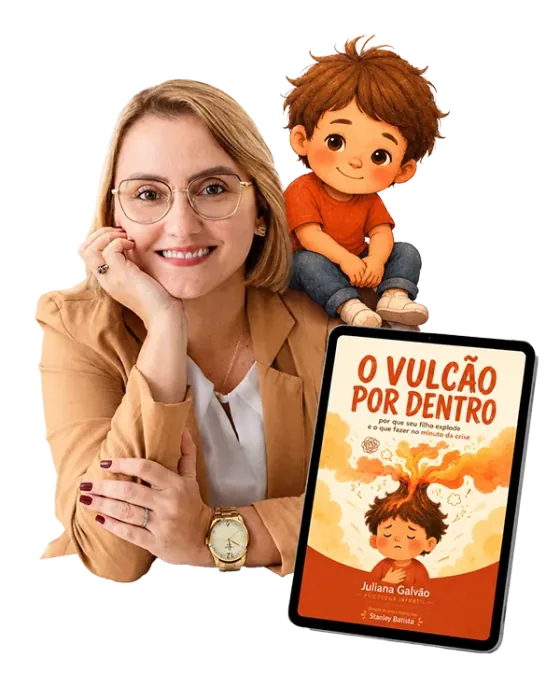 Juliana Galvão ao lado de uma ilustração infantil e do e-book O Vulcão Por Dentro