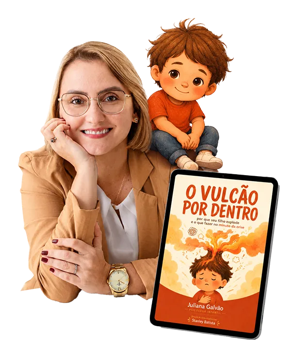 Juliana Galvão com um menino ilustrado e o e-book O Vulcão Por Dentro em um tablet