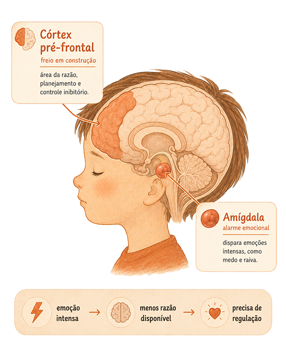 Ilustração do cérebro infantil explicando o córtex pré-frontal, a amígdala e a necessidade de regulação emocional