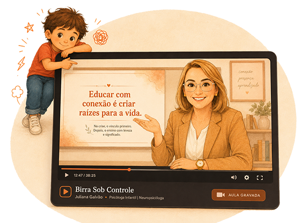 Juliana Galvão em avatar apresentando a aula Birra Sob Controle, com uma criança ilustrada ao lado da tela