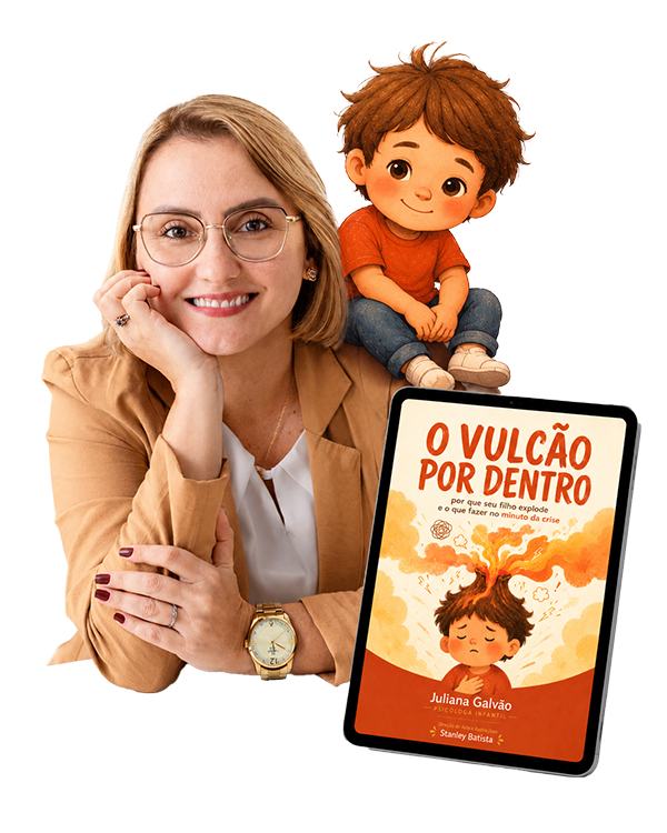 Juliana Galvão ao lado de uma ilustração infantil e do e-book O Vulcão Por Dentro